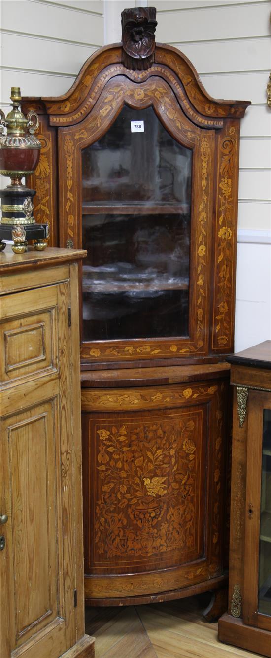 A 19th century Dutch walnut and marquetry corner vitrine, H.200cm